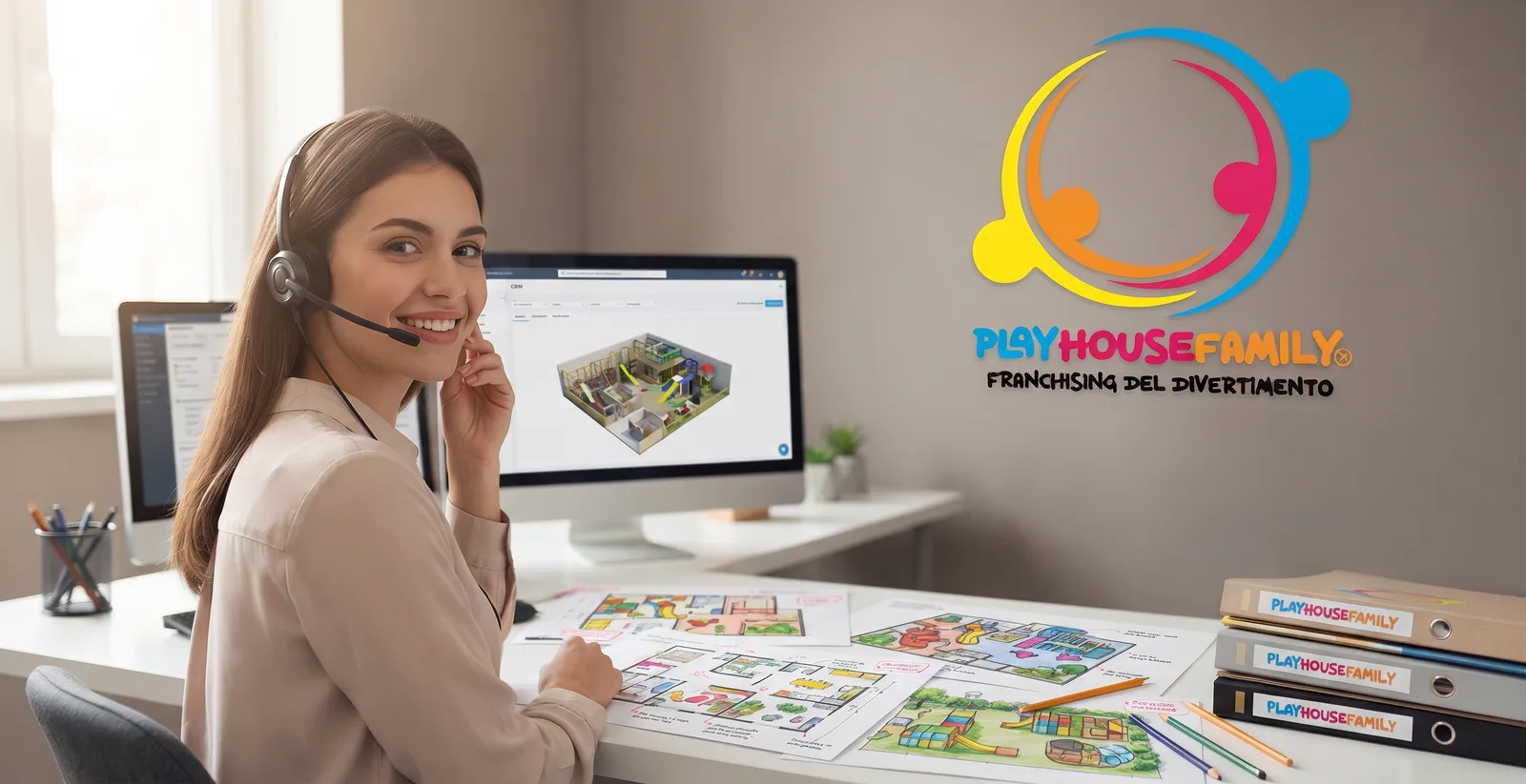 Consulente Play House Family al lavoro con il gestionale e il progetto 3D di un parco giochi indoor