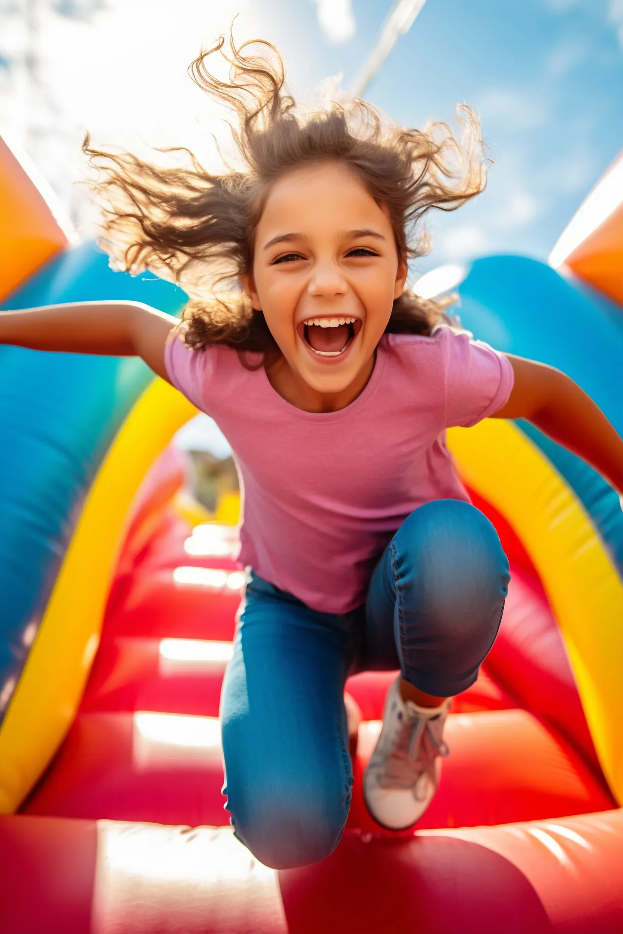 Bambina felice che salta in un parco giochi